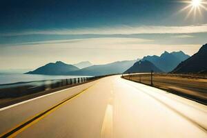 un la carretera con montañas en el antecedentes y Dom brillante. generado por ai foto