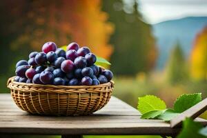 grapes in a basket on a wooden table in autumn. AI-Generated photo