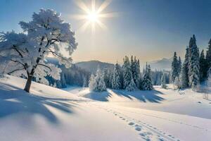 foto fondo de pantalla el cielo, nieve, árboles, sol, árboles, árboles, invierno, árboles,. generado por ai