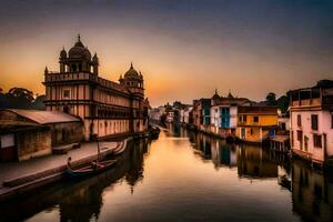a canal in india with buildings and boats. AI-Generated photo