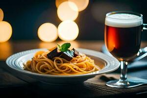 un plato de espaguetis y un vaso de cerveza. generado por ai foto