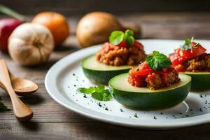 Tres relleno aguacates en un plato con vegetales. generado por ai foto