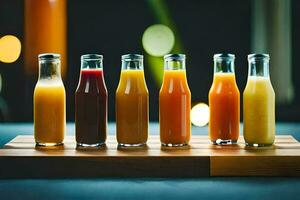 un fila de botellas de jugo en un de madera bandeja. generado por ai foto