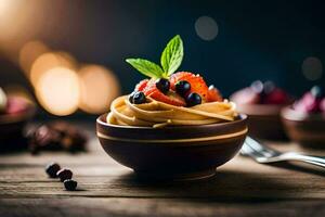 a bowl of ice cream with berries and mint leaves. AI-Generated photo