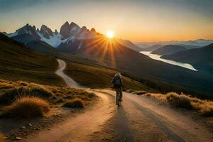 a person walking down a dirt road in front of mountains. AI-Generated photo