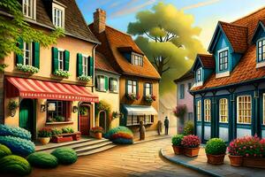 a painting of a street scene with houses and trees. AI-Generated photo