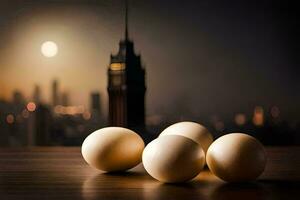 eggs on a table with a city in the background. AI-Generated photo