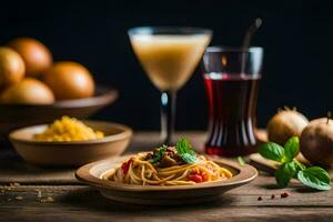 espaguetis con carne y vegetales en un de madera mesa. generado por ai foto