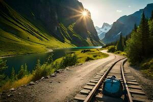 a backpack is sitting on the tracks in front of a mountain lake. AI-Generated photo