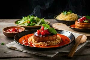 the food is served on a wooden table. AI-Generated photo