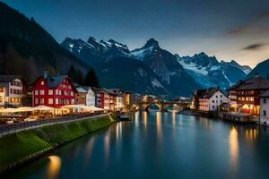 el pueblo de Suiza es iluminado arriba a oscuridad. generado por ai foto