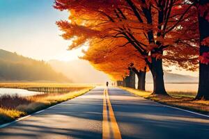 a road lined with trees and a lake in the background. AI-Generated photo