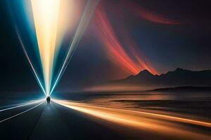 a man walking along the road with light trails. AI-Generated photo