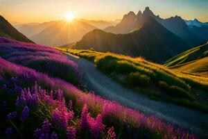 the sun rises over the mountains and purple flowers in the foreground. AI-Generated photo