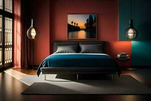 un dormitorio con rojo paredes y un azul cama. generado por ai foto