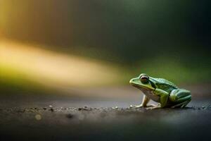 a frog sitting on the ground in front of a blurry background. AI-Generated photo