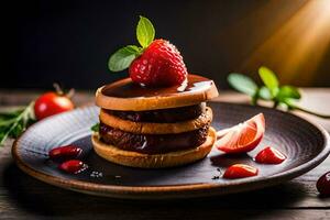a stack of hamburgers with strawberries and chocolate sauce. AI-Generated photo