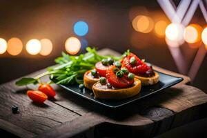 un plato de comida con Tomates y hierbas en un de madera mesa. generado por ai foto