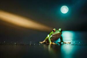 a frog sitting on the ground in front of a full moon. AI-Generated photo