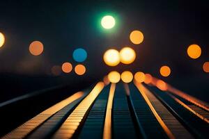 a train track at night with lights in the background. AI-Generated photo