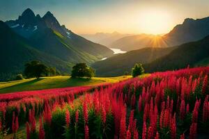 the sun rises over a field of pink flowers and mountains. AI-Generated photo