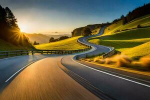 un devanado la carretera en el montañas a puesta de sol. generado por ai foto