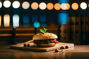 a hamburger sitting on a wooden cutting board. AI-Generated photo
