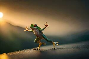 a frog is standing on the ground with its arms outstretched. AI-Generated photo