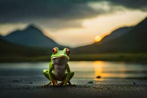 a frog sitting on the ground in front of a lake. AI-Generated photo