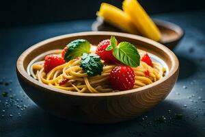 spaghetti with fresh strawberries and basil leaves in a wooden bowl. AI-Generated photo