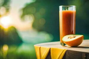 a glass of orange juice on a table with a slice of apple. AI-Generated photo