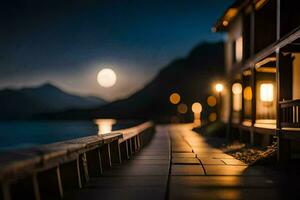 a wooden walkway leads to a lake at night. AI-Generated photo