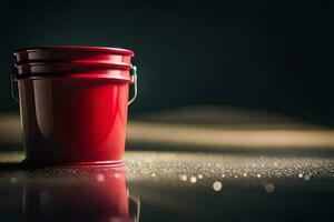 a red bucket on a dark surface. AI-Generated photo