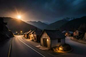 un largo exposición foto de un pueblo a noche. generado por ai