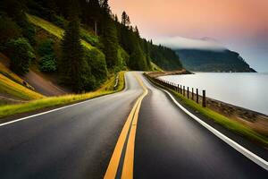 a long exposure photo of a road with mountains in the background. AI-Generated