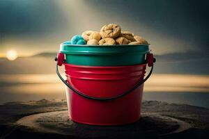 a bucket of cookies sitting on top of a rock. AI-Generated photo
