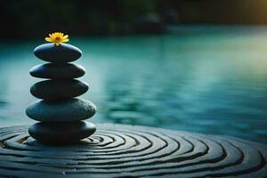 a stack of stones sitting on top of a pond. AI-Generated photo