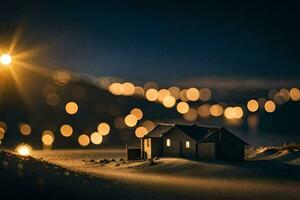 a small house in the snow with lights shining on it. AI-Generated photo