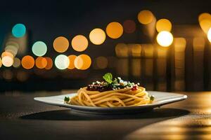 a plate of spaghetti with tomato sauce and basil on a wooden table in a restaurant. AI-Generated photo