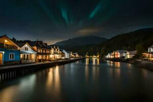 el Aurora luces brillar terminado un río en el noche. generado por ai foto