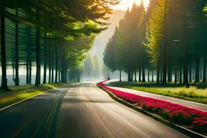 a road with trees and flowers in the foreground. AI-Generated photo