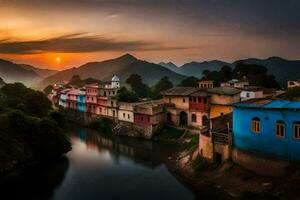 el Dom conjuntos terminado un río en India. generado por ai foto