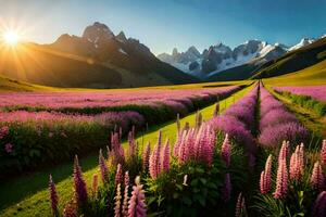 the sun shines on a field of lupine flowers in the mountains. AI-Generated photo