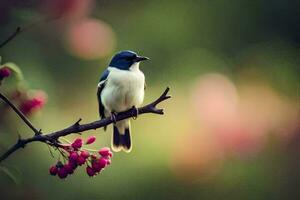 a blue and white bird sits on a branch with pink flowers. AI-Generated photo