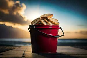 a bucket of cookies on a beach. AI-Generated photo