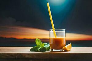 un vaso de naranja jugo con un Paja en un de madera mesa. generado por ai foto