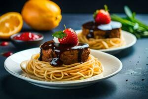 two plates with spaghetti and strawberries on them. AI-Generated photo