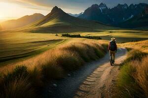 a man walking on a dirt road in the mountains. AI-Generated photo