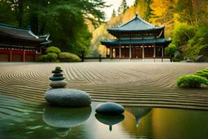 a japanese garden with rocks and water. AI-Generated photo