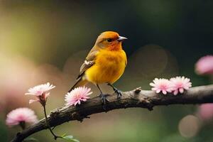 a small yellow bird is perched on a branch. AI-Generated photo